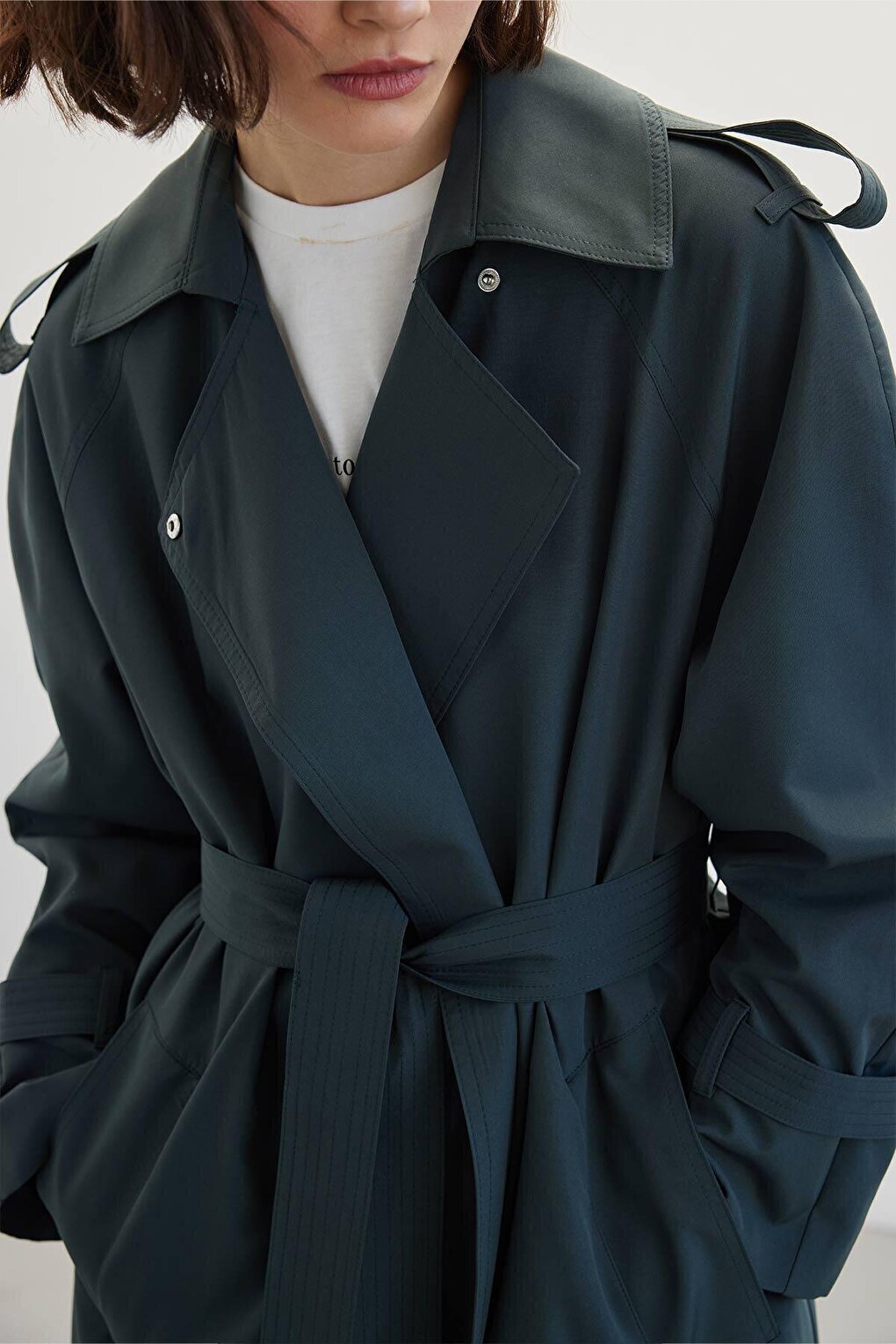 Belted Draped Trench Coat Dark Green