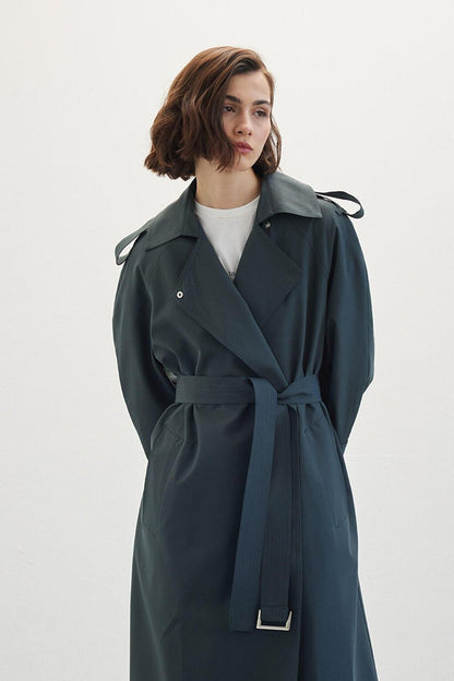 Belted Draped Trench Coat Dark Green