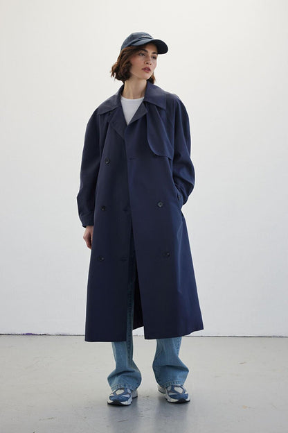 Double Breasted Trench Coat Navy Blue