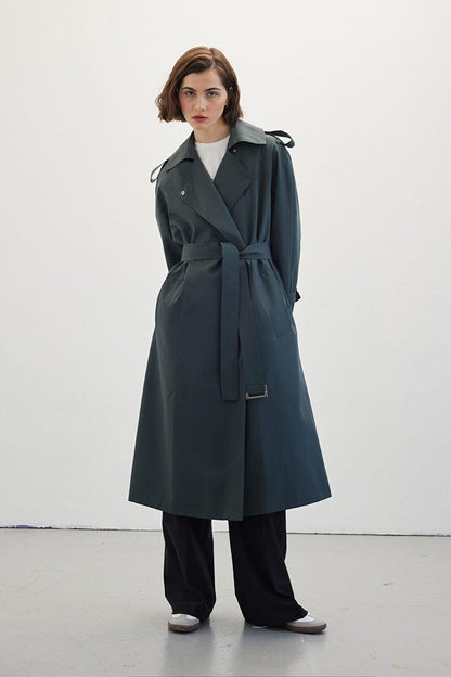 Belted Draped Trench Coat Dark Green