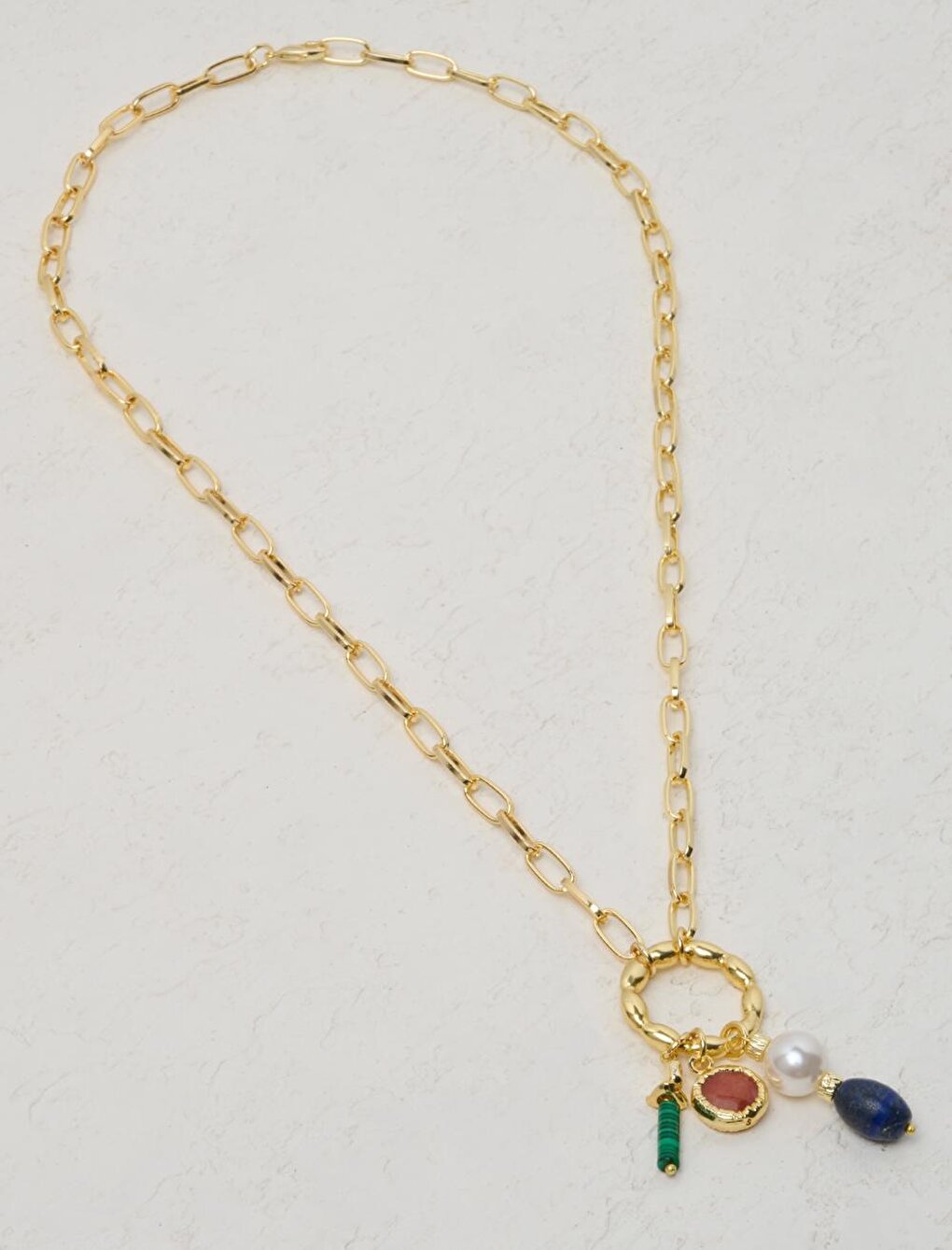 Gold Natural Stone Pearl Detailed Chain Necklace