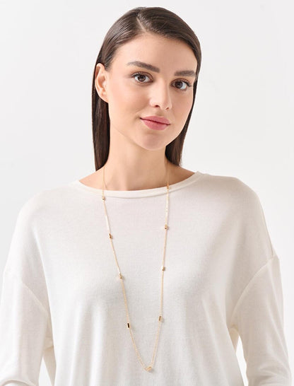 Stylish Double Chain Necklace with Gold Bar Figure