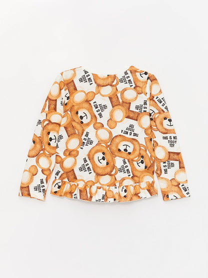 Girl's Teddy Bear Patterned Ruffle Waist SweatShirt