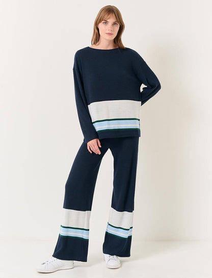 Navy Blue High Waist Wide Leg Striped Trousers