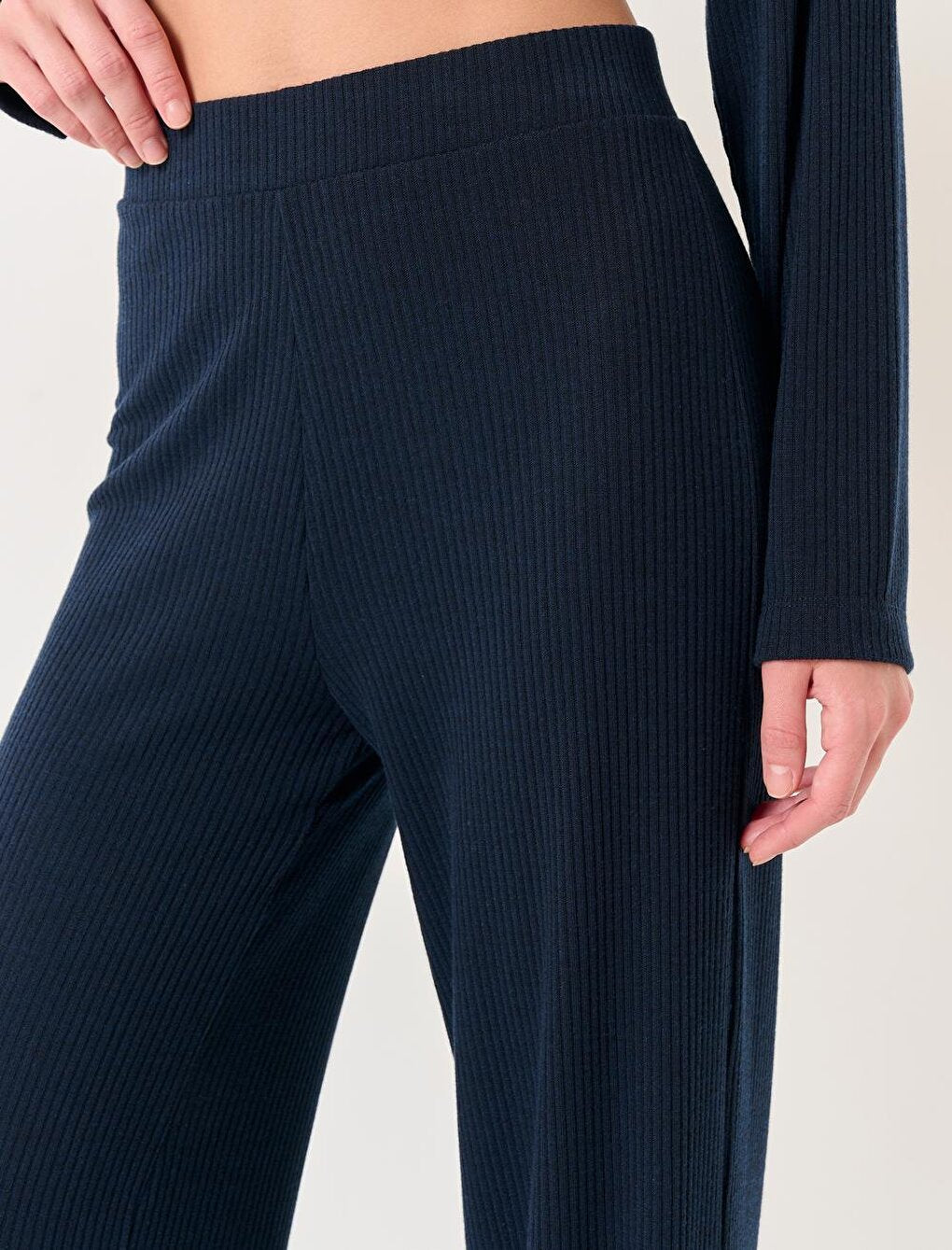 Navy Blue High Waist Wide Leg Striped Trousers