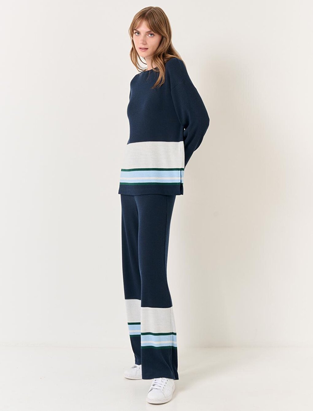 Navy Blue High Waist Wide Leg Striped Trousers