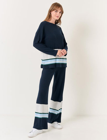 Navy Blue High Waist Wide Leg Striped Trousers