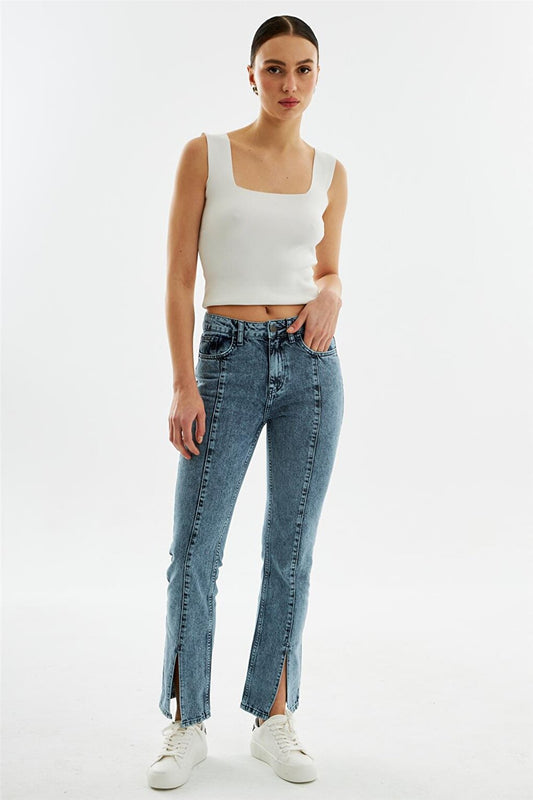 Women's Front Slit Detailed Slim Fit Jeans Light Blue