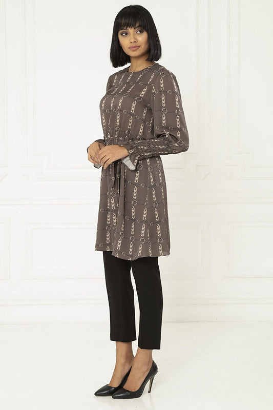 Chain Patterned Waist Gathered Brown Tunic