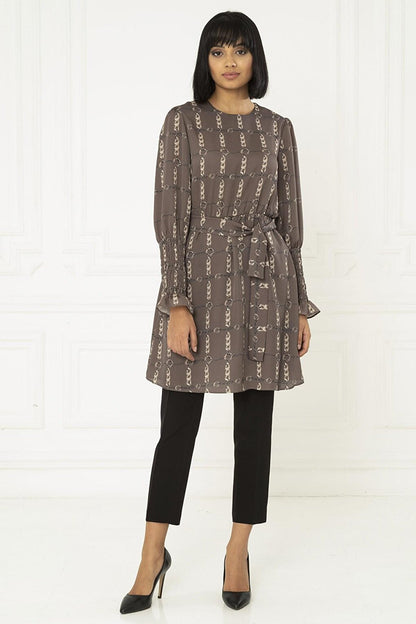 Chain Patterned Waist Gathered Brown Tunic