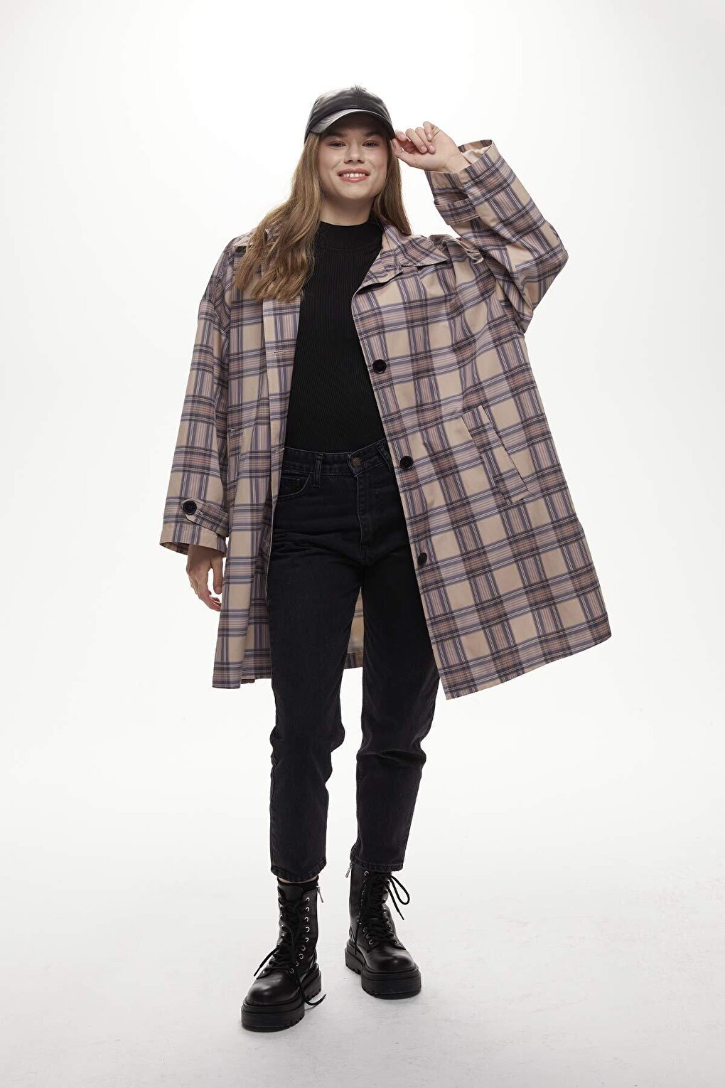 Oversize Water Repellent Trench Coat Plaid