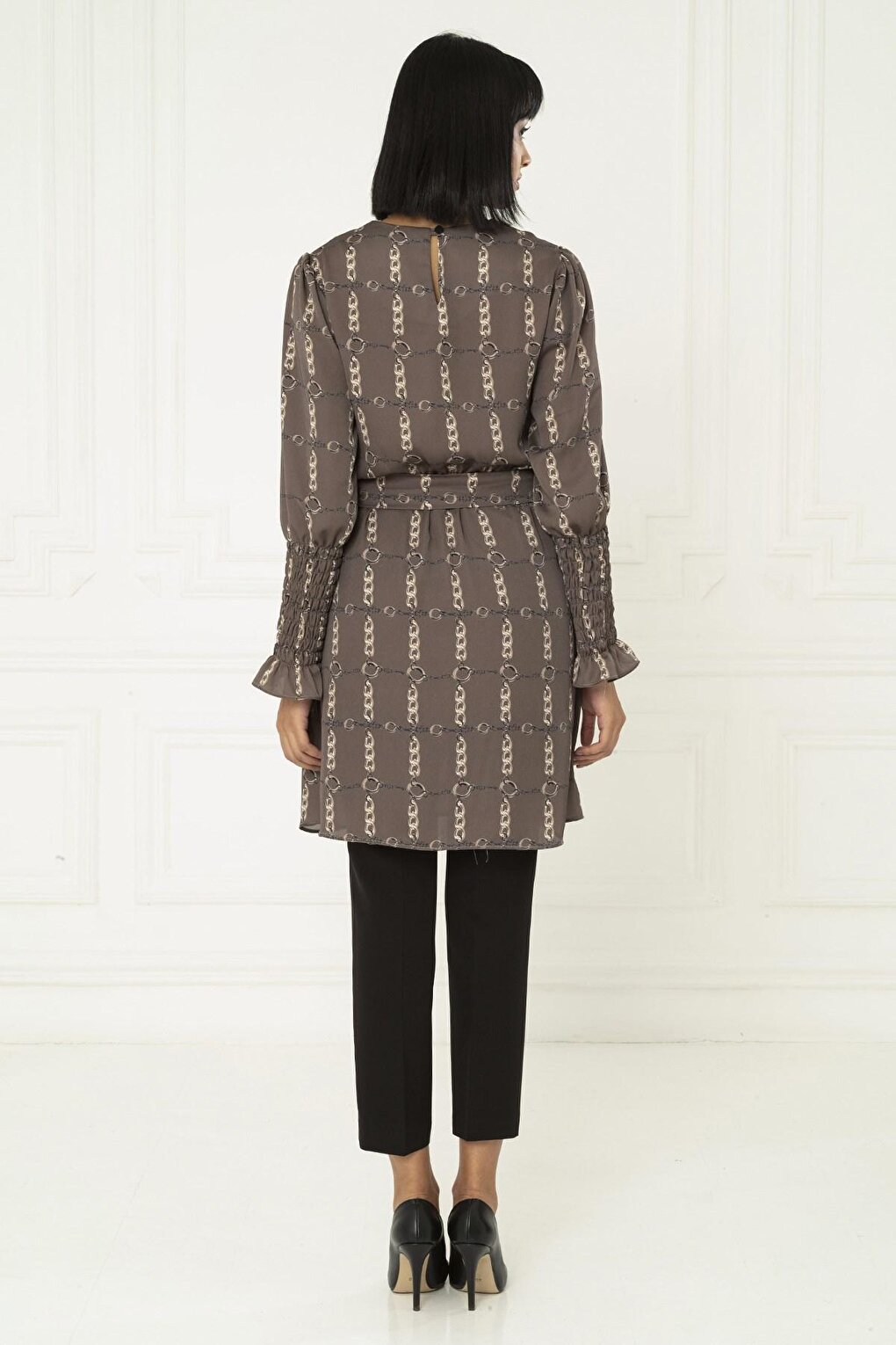 Chain Patterned Waist Gathered Brown Tunic