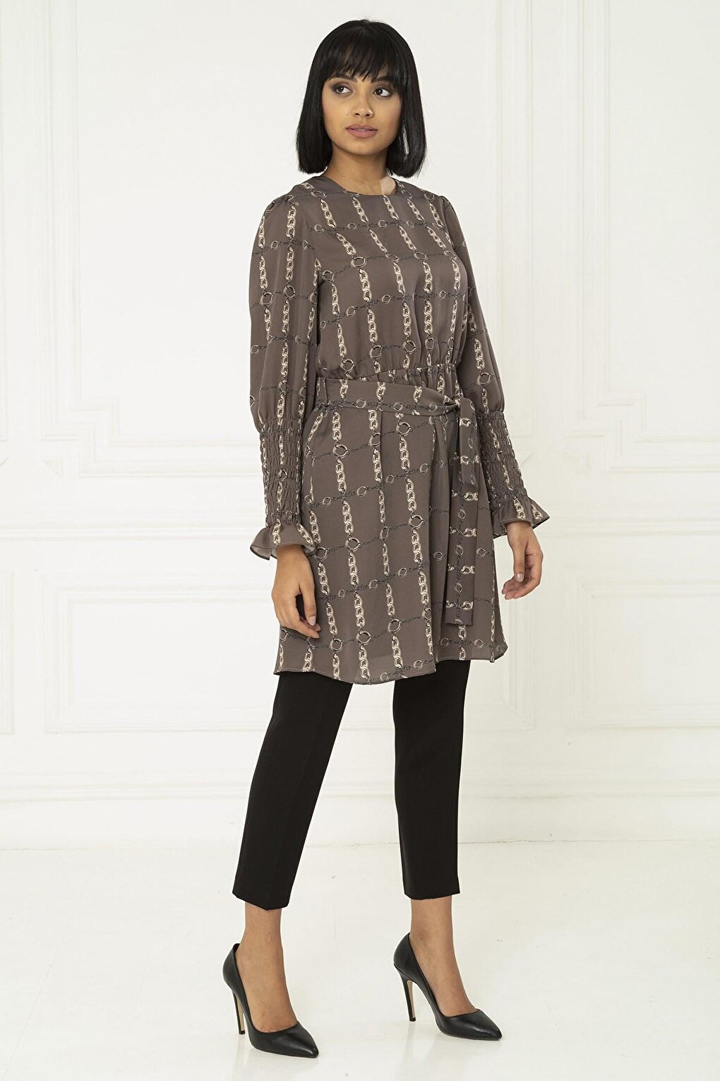 Chain Patterned Waist Gathered Brown Tunic