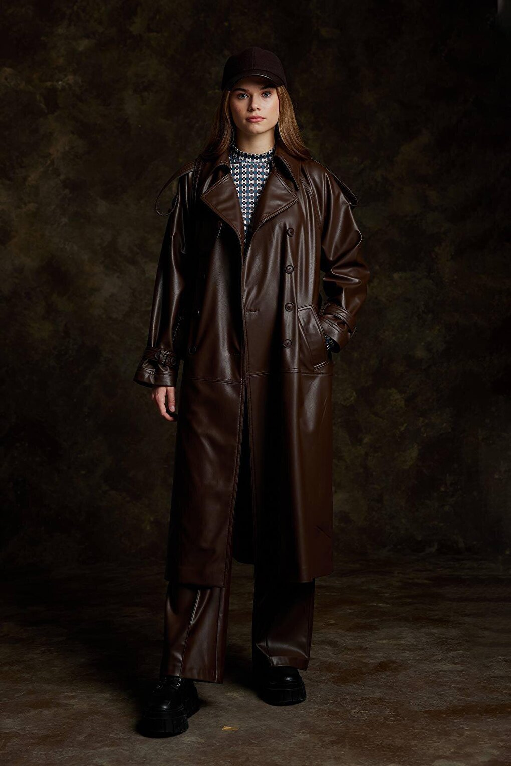 Leather Double Breasted Trench Coat Brown