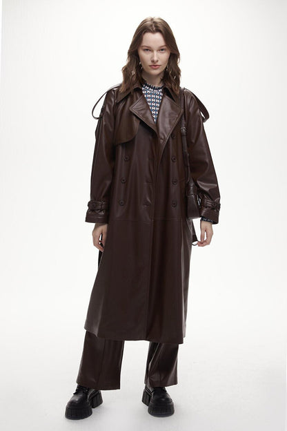 Leather Double Breasted Trench Coat Brown