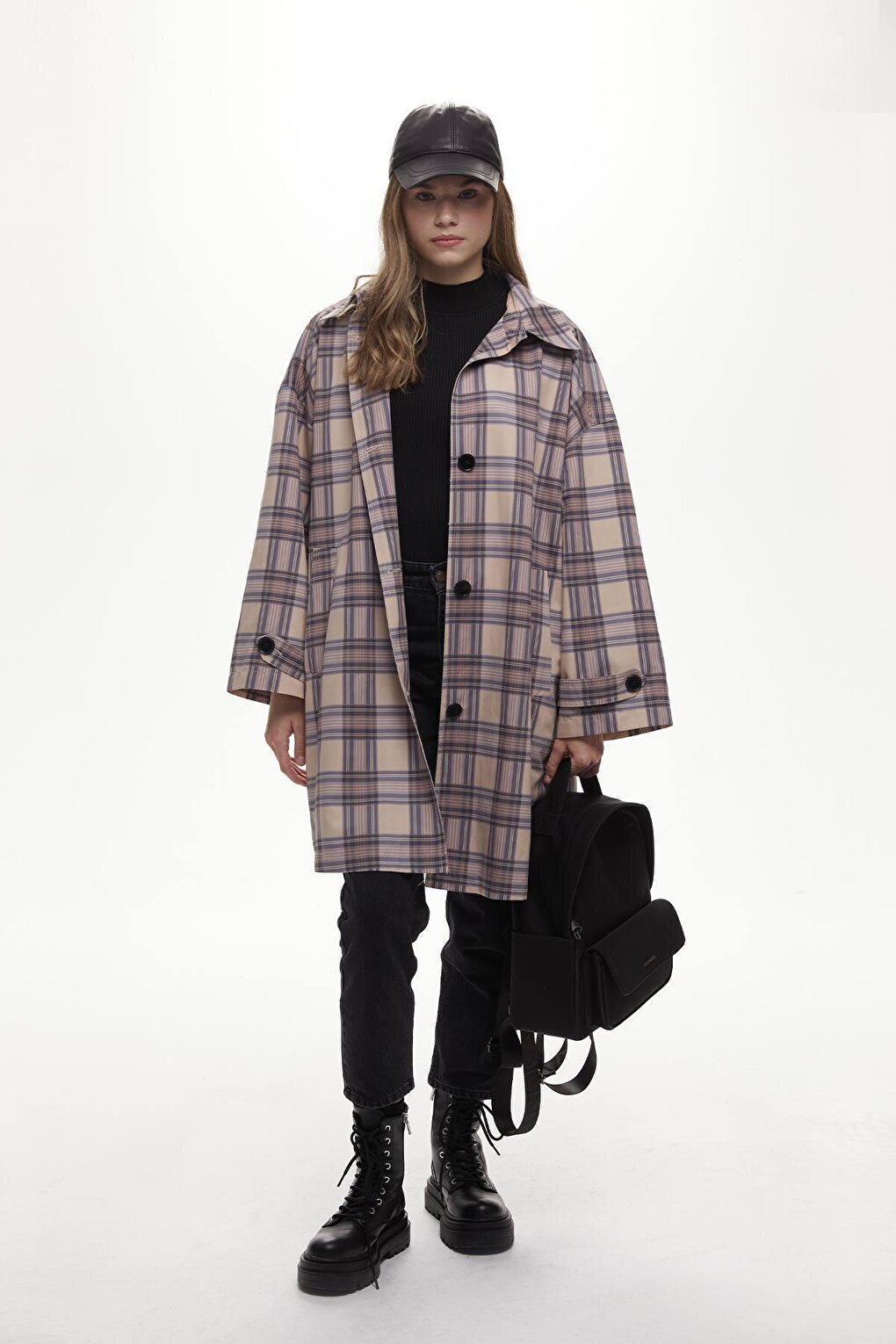 Oversize Water Repellent Trench Coat Plaid