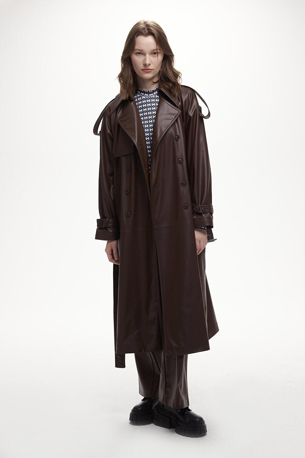 Leather Double Breasted Trench Coat Brown