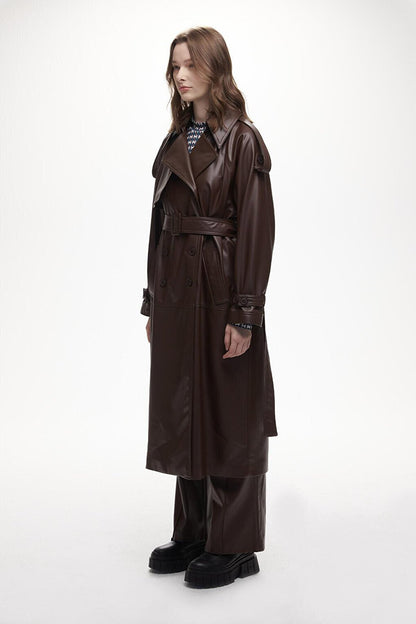 Leather Double Breasted Trench Coat Brown