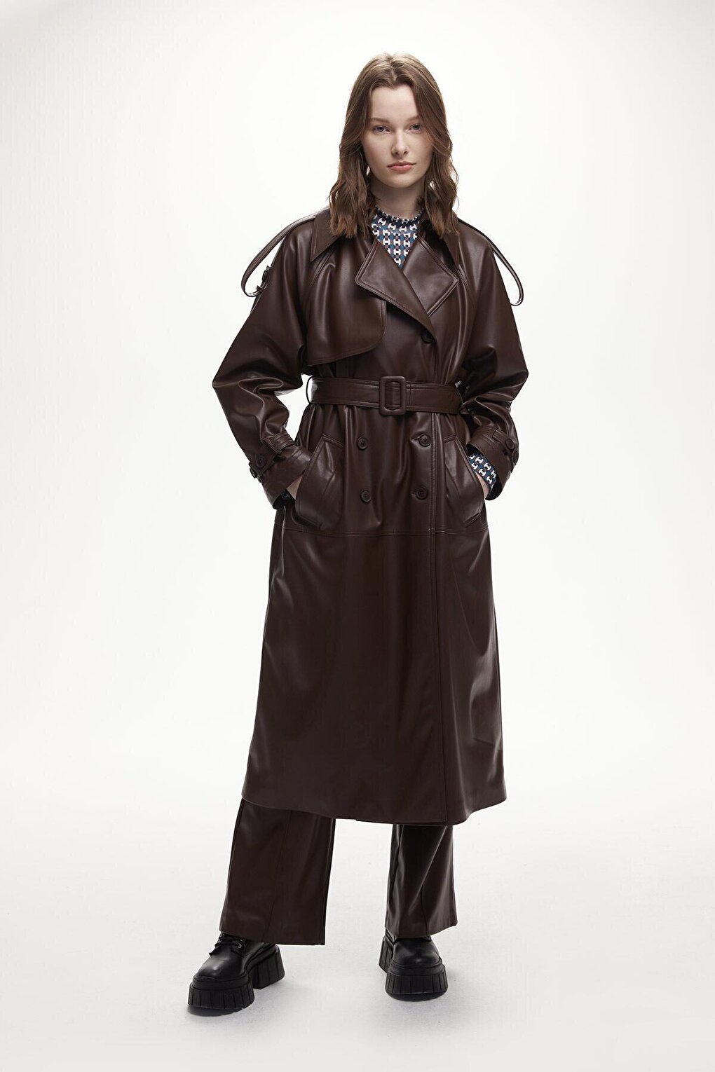 Leather Double Breasted Trench Coat Brown