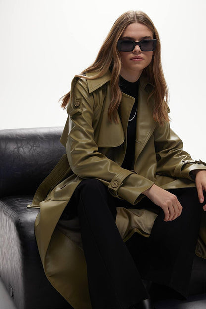 Leather Double Breasted Trench Coat Khaki