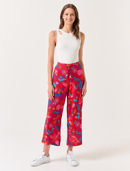 Dark Red High Waist Wide Leg Floral Short Trousers