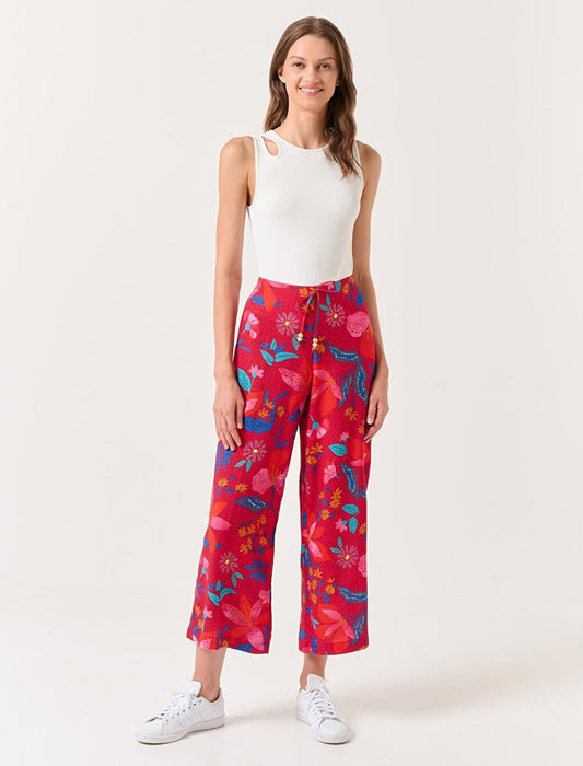 Dark Red High Waist Wide Leg Floral Short Trousers