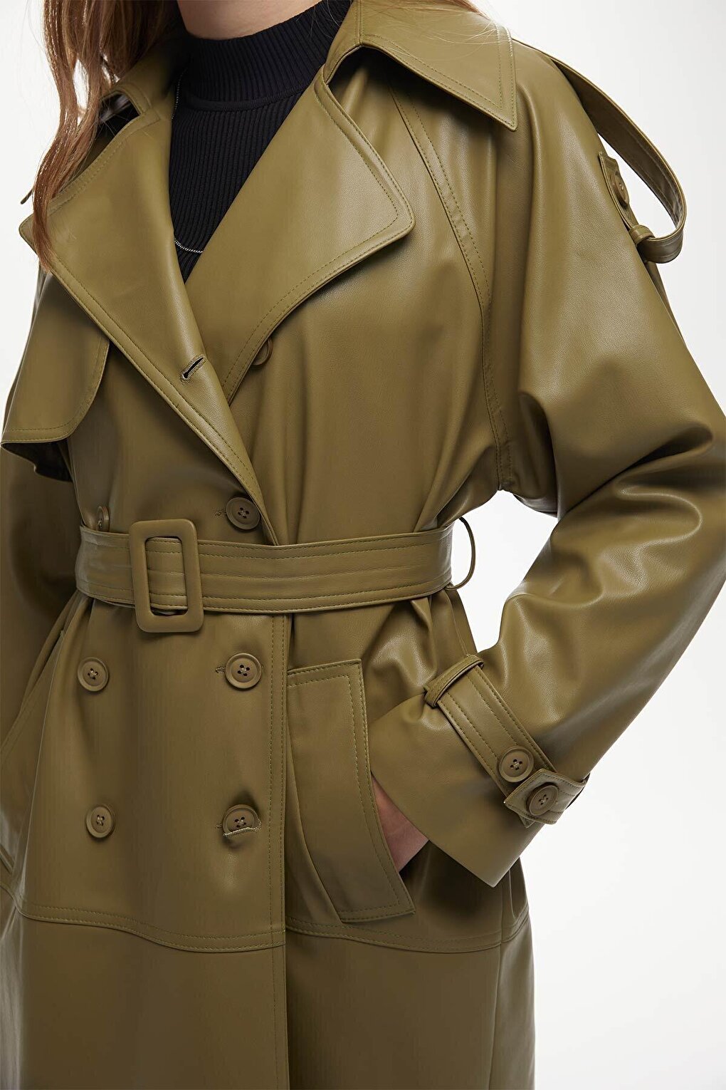 Leather Double Breasted Trench Coat Khaki