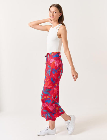 Dark Red High Waist Wide Leg Floral Short Trousers