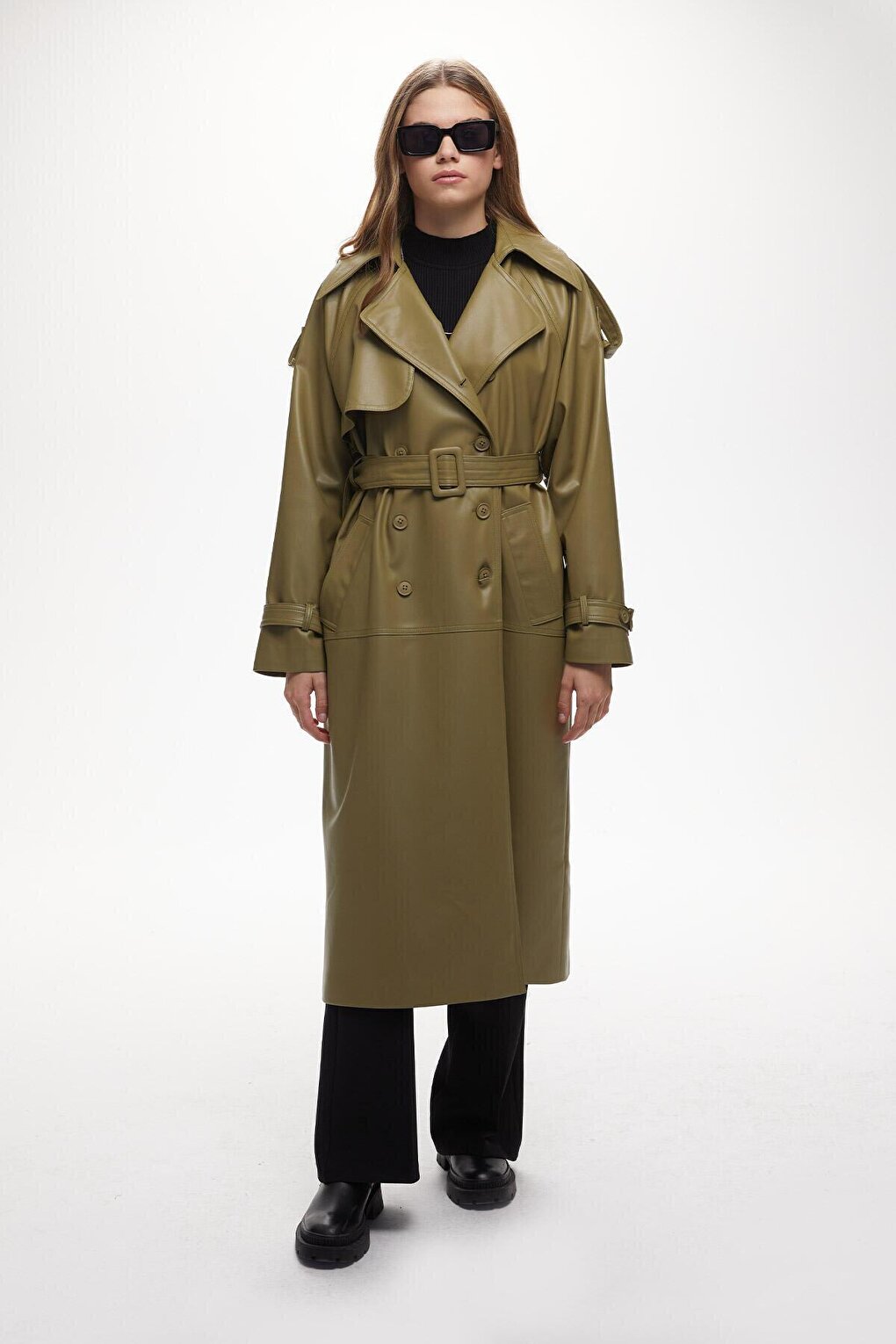 Leather Double Breasted Trench Coat Khaki