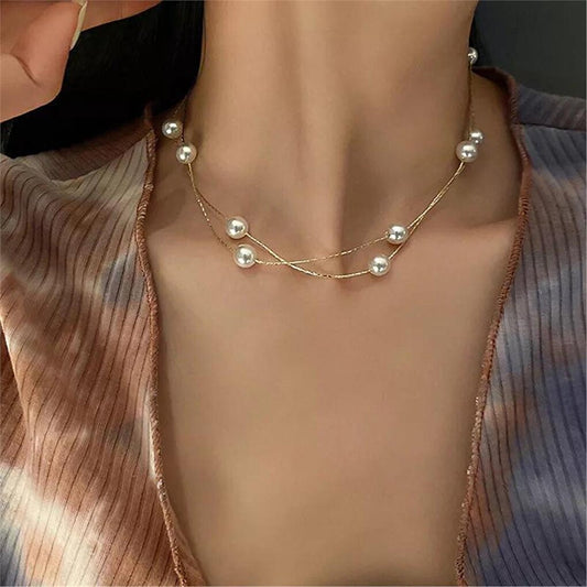 2 Layer Wrapped Chain Necklace with Pearls