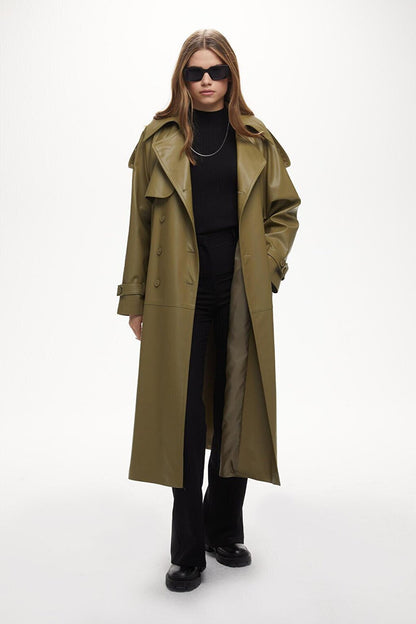 Leather Double Breasted Trench Coat Khaki