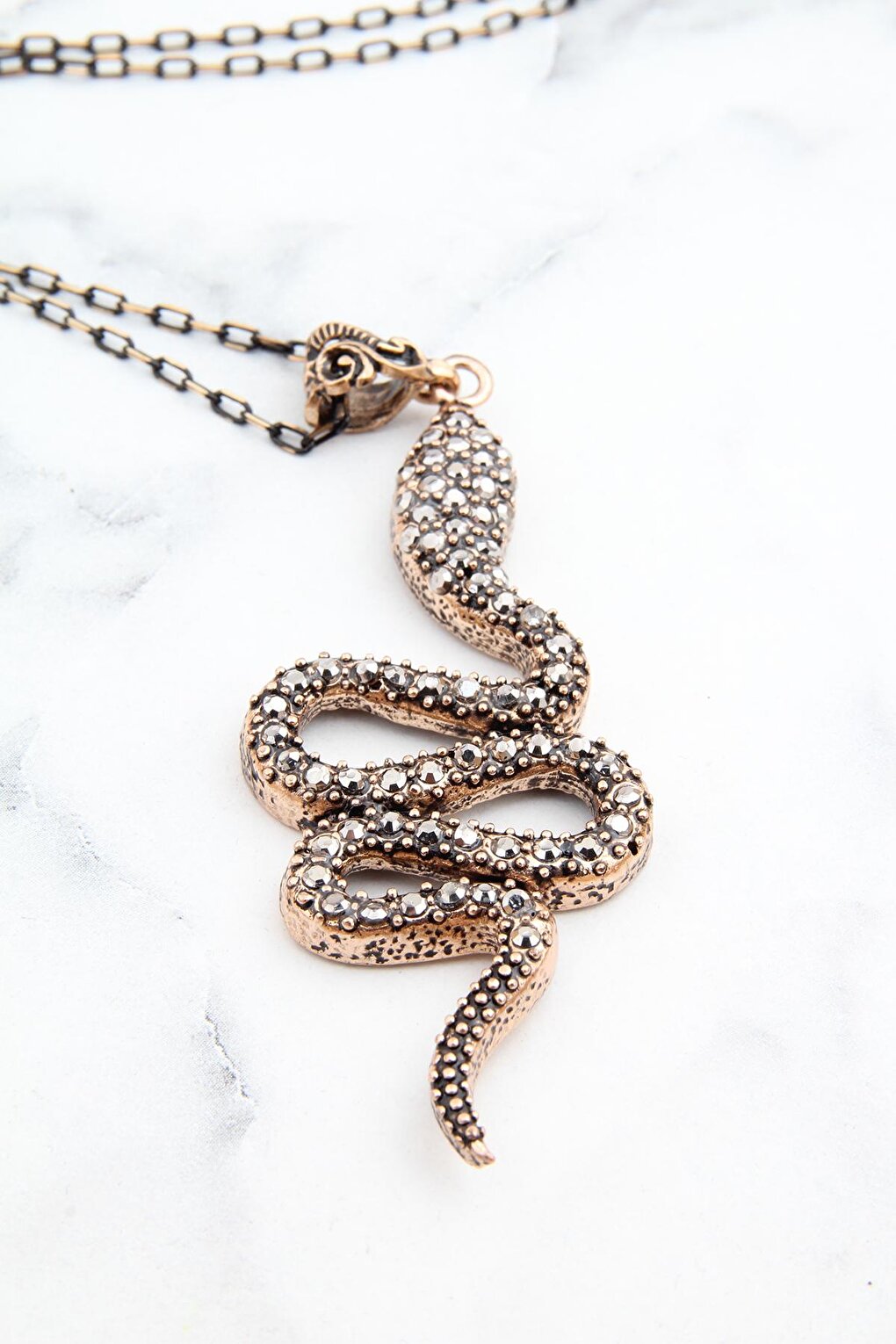 Bronze Long Chain Necklace with Snake Figure