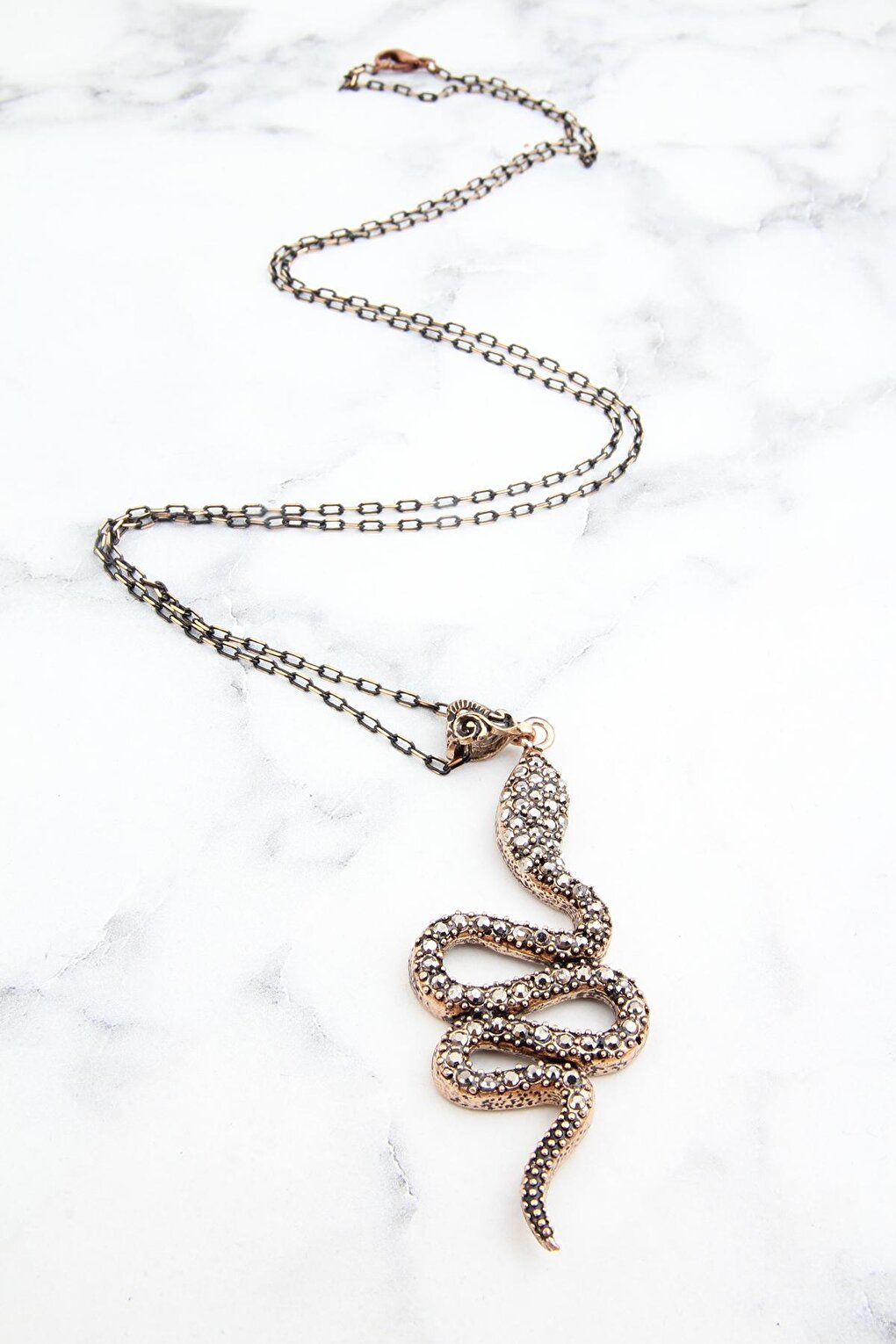 Bronze Long Chain Necklace with Snake Figure