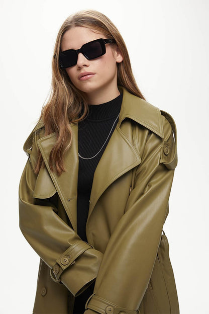 Leather Double Breasted Trench Coat Khaki