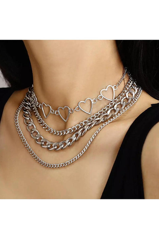 4 Layer Silver Color Necklace with Heart