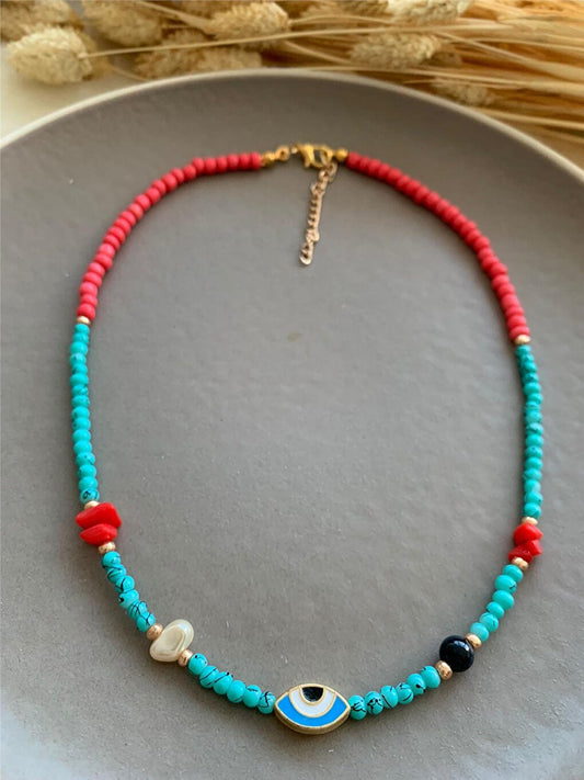 Turquoise Color Beaded Necklace with Eye Figure Coral Stone