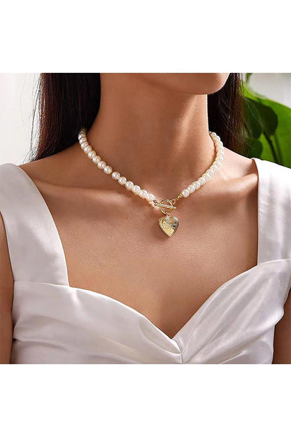 Gold Heart Medallion Pearl Necklace