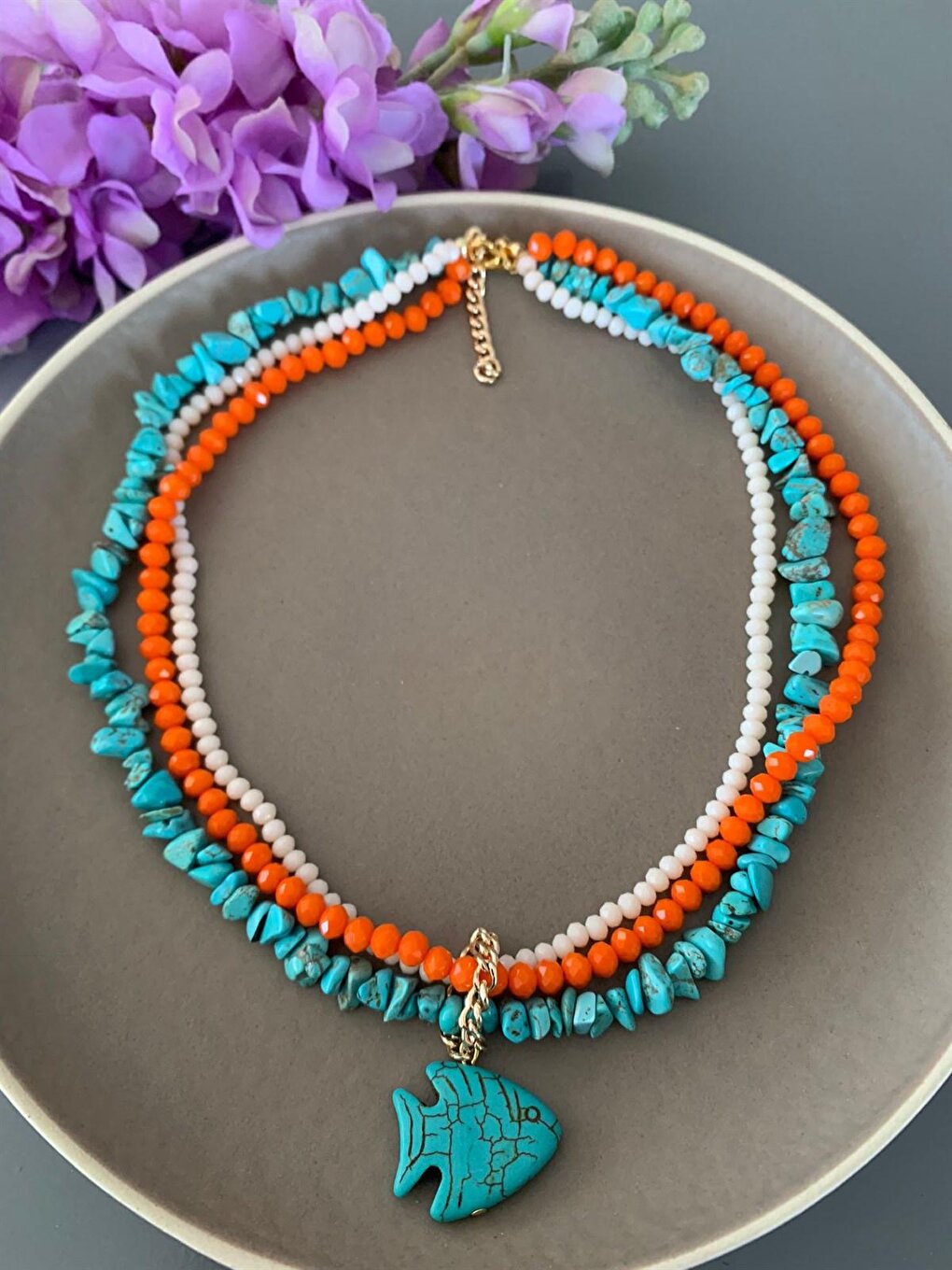 Orange 3 Layer Fish Necklace with Turquoise Natural Stone