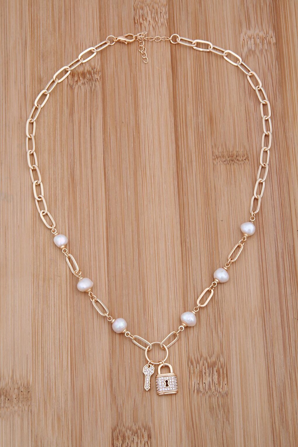 Pearl Zircon Stone Key Lock Necklace