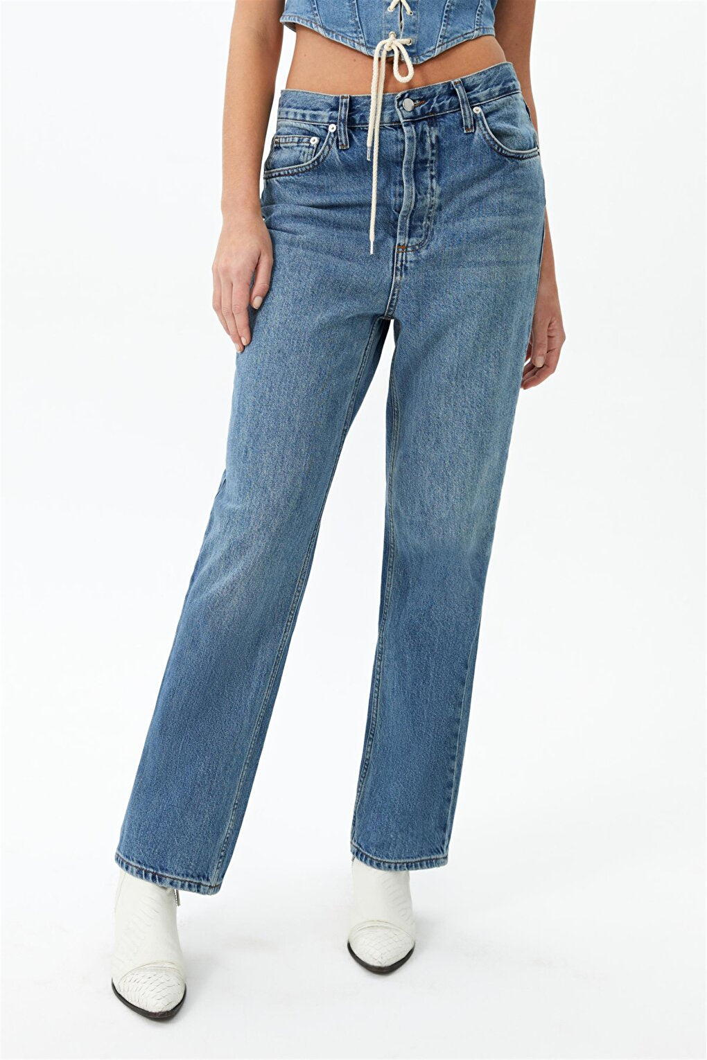 100% Cotton Dark Blue High Waist Straight Jean