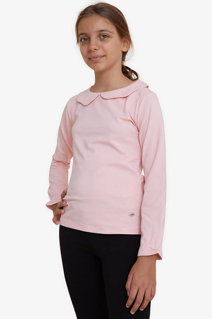 Girl's Long Sleeve T-Shirt with Crest and Elastic Sleeves Pink (6-12 Years)