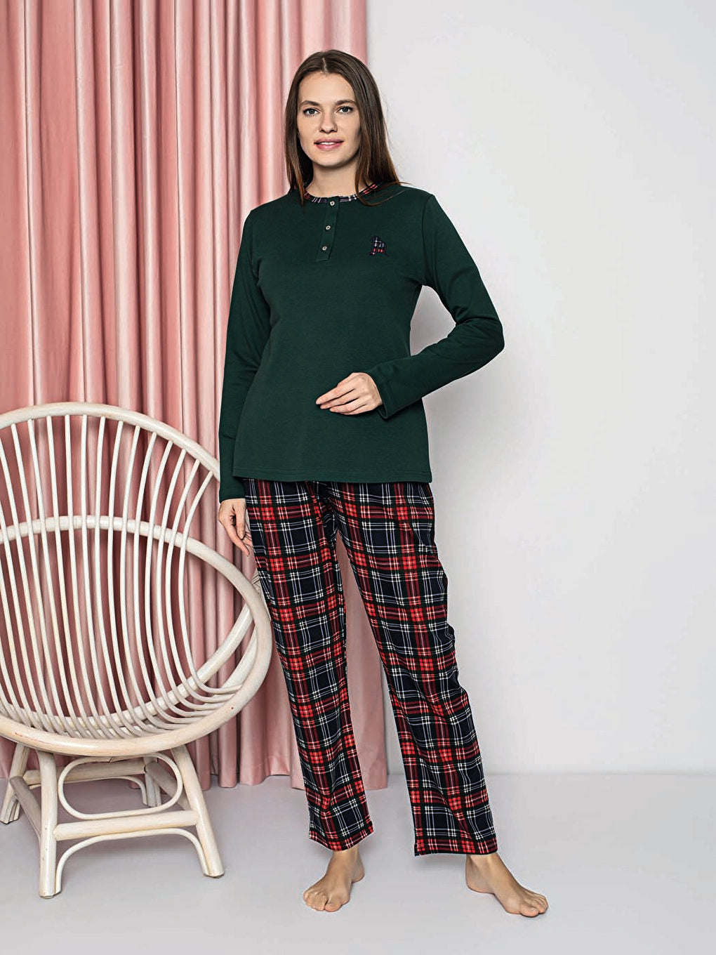 Women's Pajama Set Young Interlock Bottom Plaid Cotton Seasonal W20382247