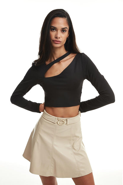 Belt Detailed Leather Mini Skirt Stone