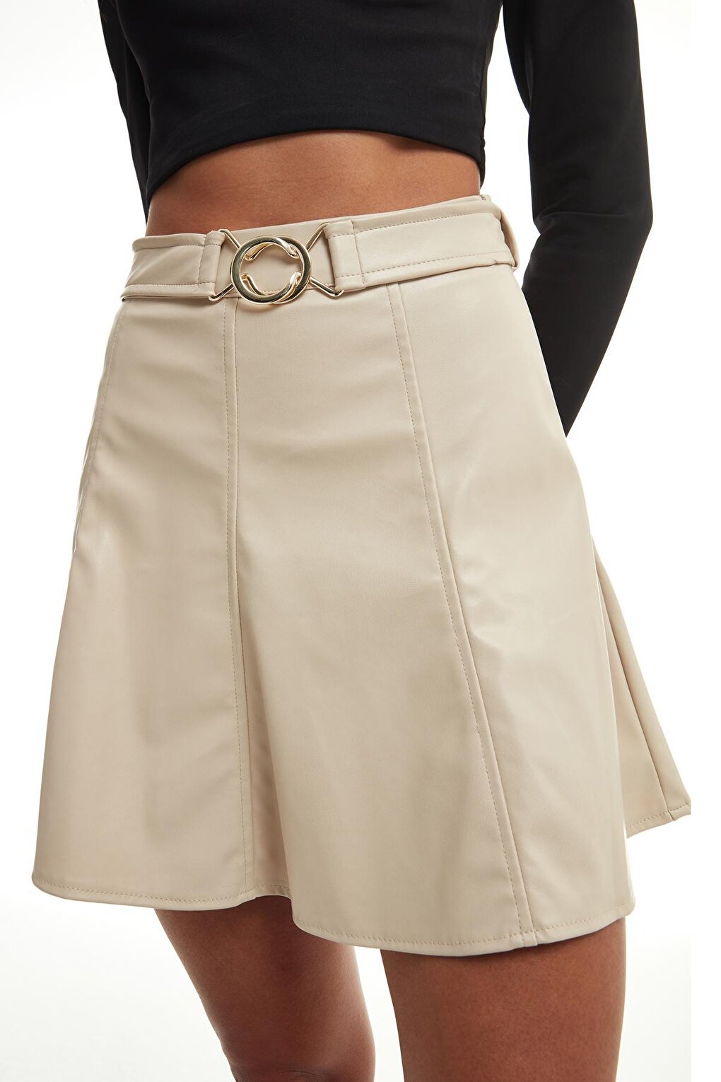 Belt Detailed Leather Mini Skirt Stone