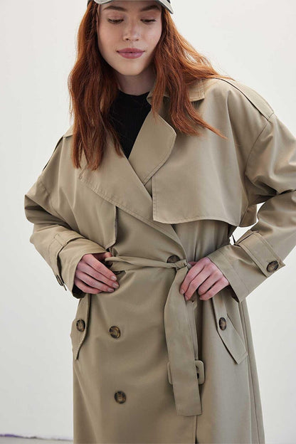 Buttoned Double Breasted Trench Coat Sand