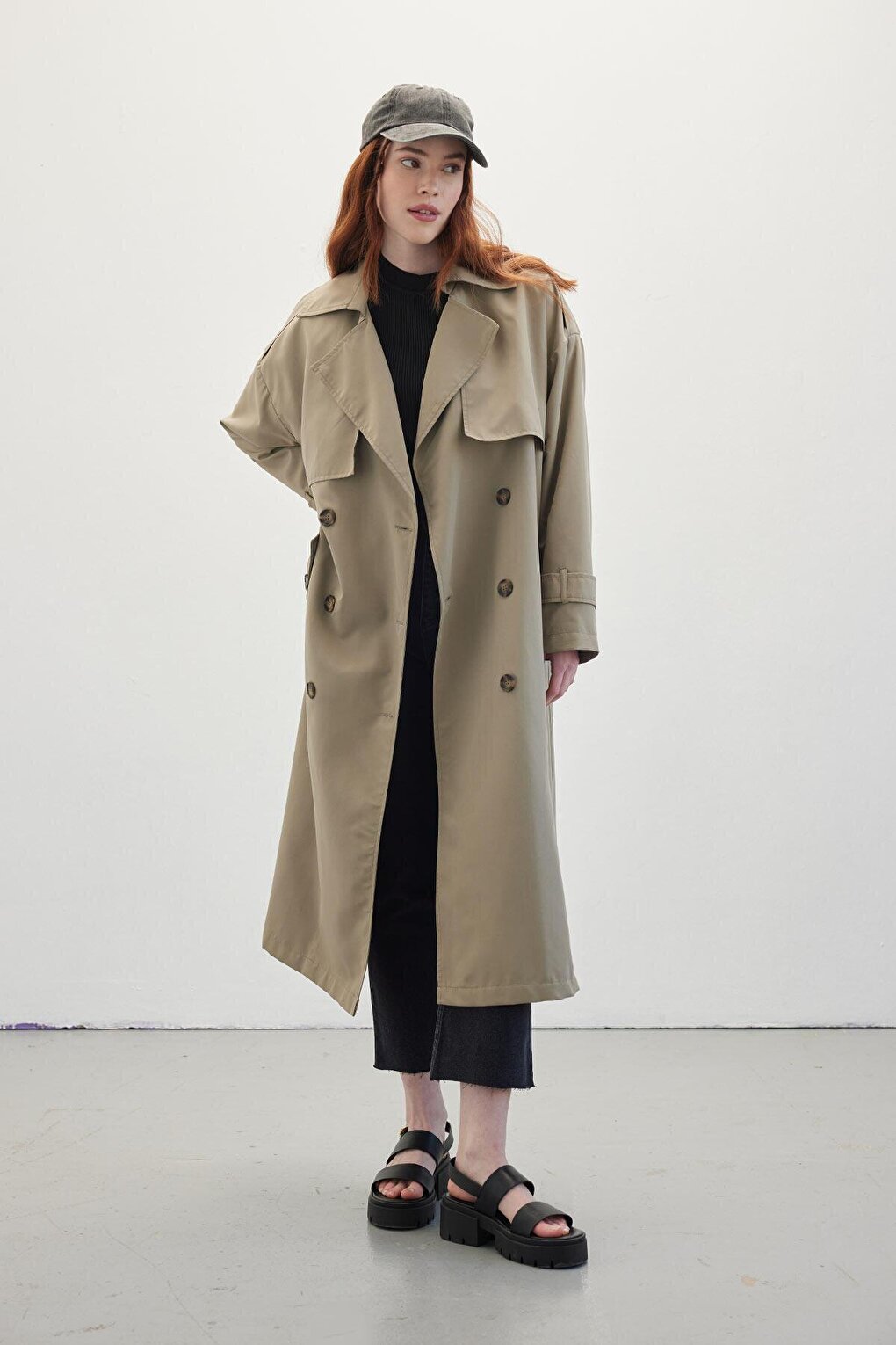 Buttoned Double Breasted Trench Coat Sand