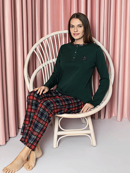 Women's Pajama Set Young Interlock Bottom Plaid Cotton Seasonal W20382247