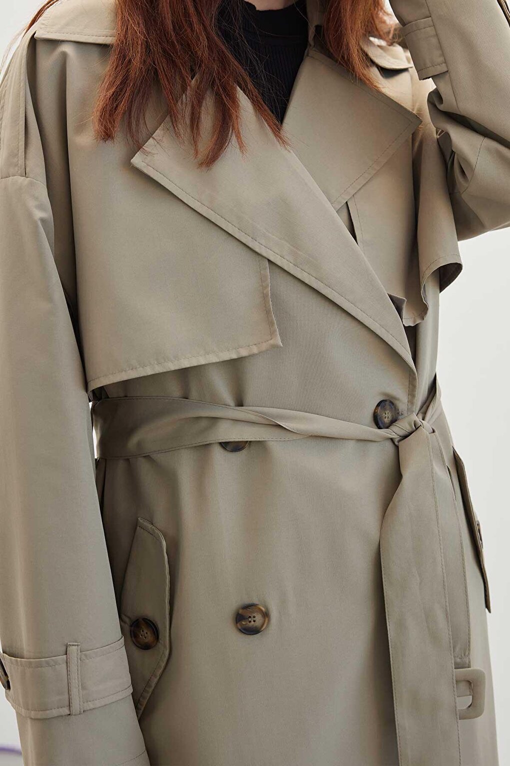 Buttoned Double Breasted Trench Coat Sand