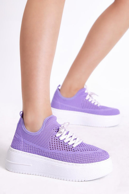 Women's Lilac Comfortable Mold High Sole Lace-up Tricot Sneaker