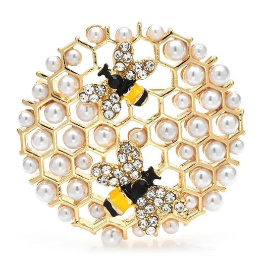 Honeycomb and Bee Brooch with Pearls